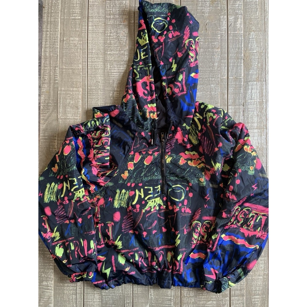 New Look Women's Sz Large Lightweight Windbreaker Crop Top Pullover Zip Graffiti